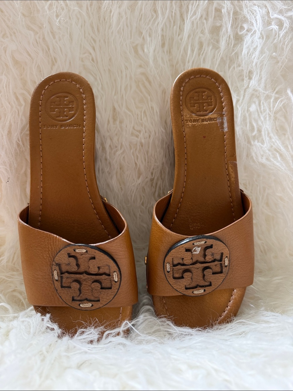 Tory Burch Cognac Leather Logo Slide Mules